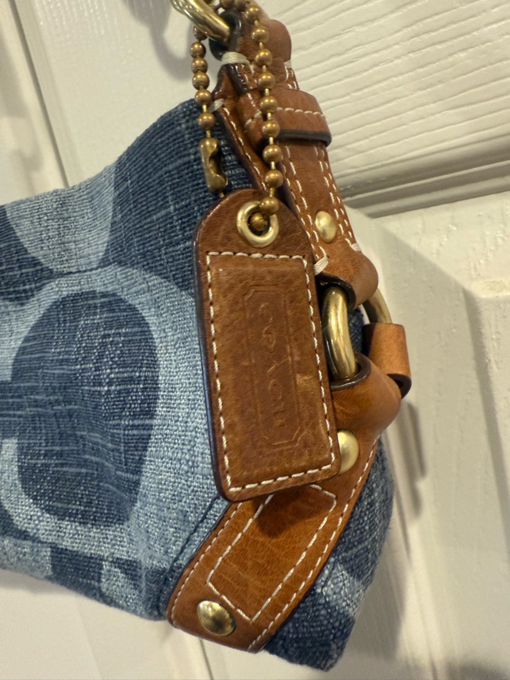 Coach Carly Blue Denim Signature Canvas Shoulder Bag with Brown Leather - Picture 5 of 7